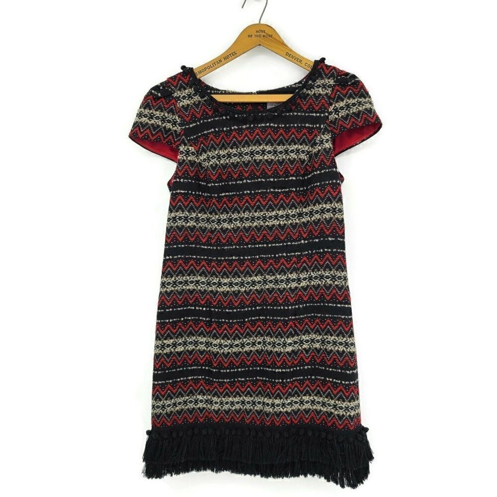 Vanessa & Virginia Anthropologie Dress Womens 6 Jinete Fringe Black Red Woven